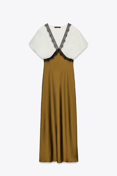 Sophisticated Satin Midi Dress with Contrast Lace and Flattering V-Neck Design
