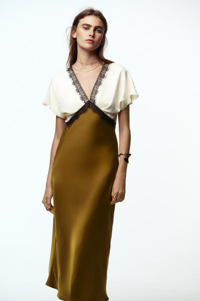 Sophisticated Satin Midi Dress with Contrast Lace and Flattering V-Neck Design