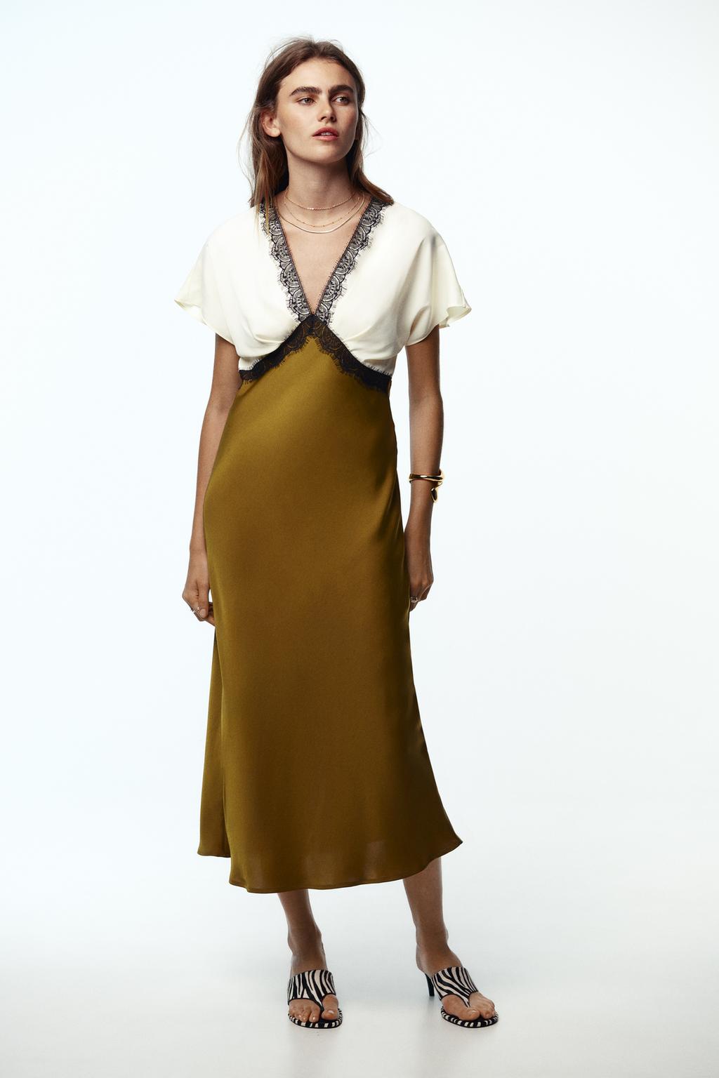 Sophisticated Satin Midi Dress with Contrast Lace and Flattering V-Neck Design