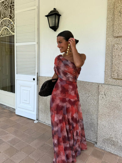 Red One-Shoulder Tie Dye Maxi Dress – Flowing Summer Elegance