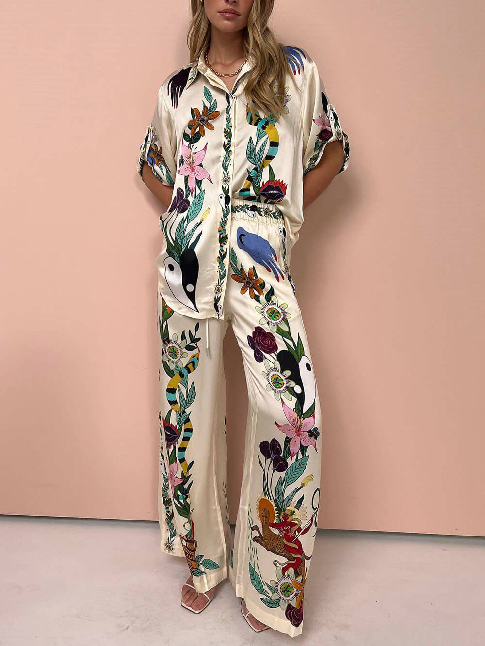 Luxurious Satin Wide-Leg Pants with Elastic Waist and Unique Artistic Print