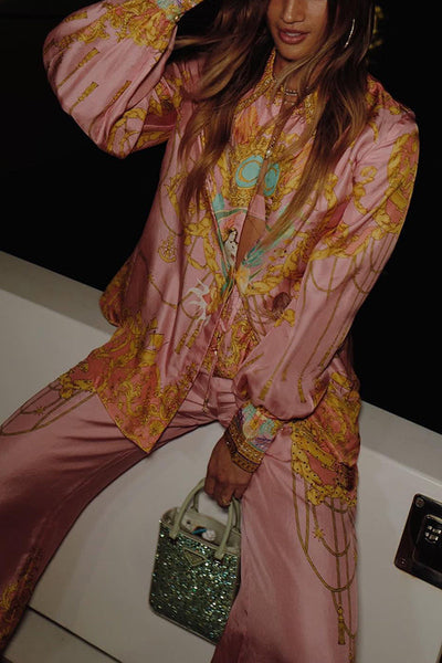 Mermaid Motel Unique Print Long Sleeve Loose Shirt & Elastic Waist Pants Set