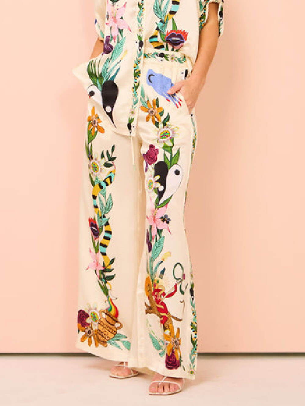 Luxurious Satin Wide-Leg Pants with Elastic Waist and Unique Artistic Print