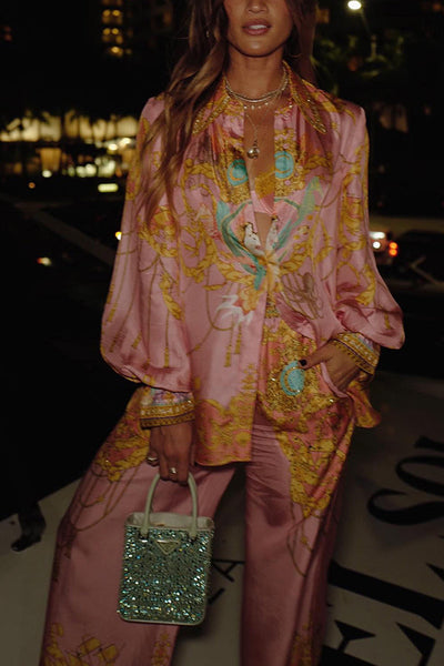 Mermaid Motel Unique Print Long Sleeve Loose Shirt & Elastic Waist Pants Set