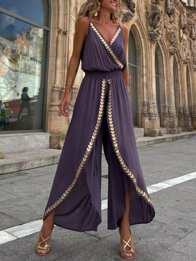Gold Trim Cross Neck Drawstring Slit Jumpsuit