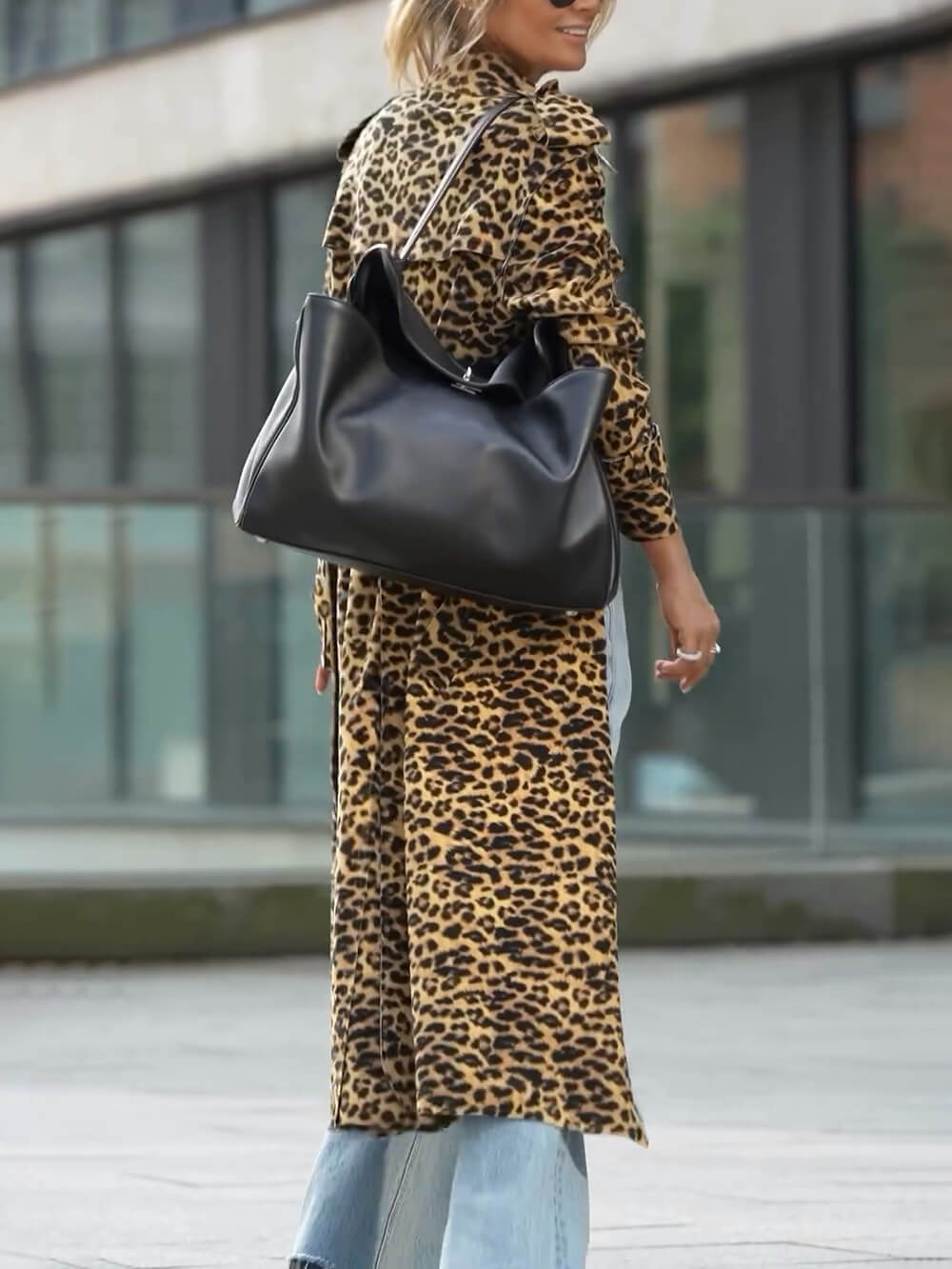 Chic Leopard Print Midi Trench Coat: Loose Fit, Long Sleeve, Sustainable Style