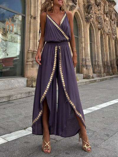 Gold Trim Cross Neck Drawstring Slit Jumpsuit