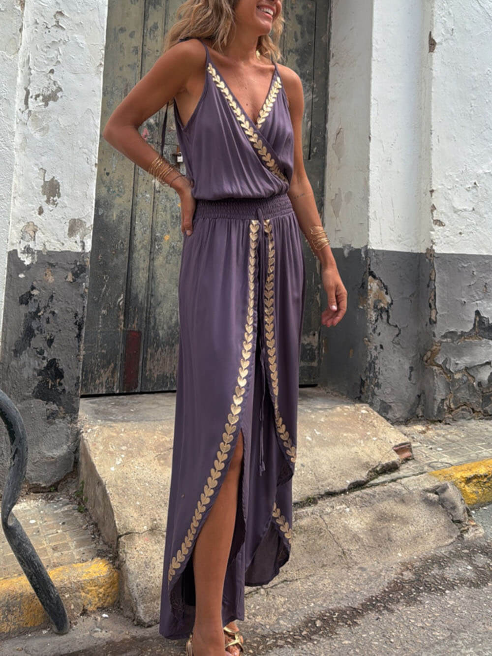 Gold Trim Cross Neck Drawstring Slit Jumpsuit