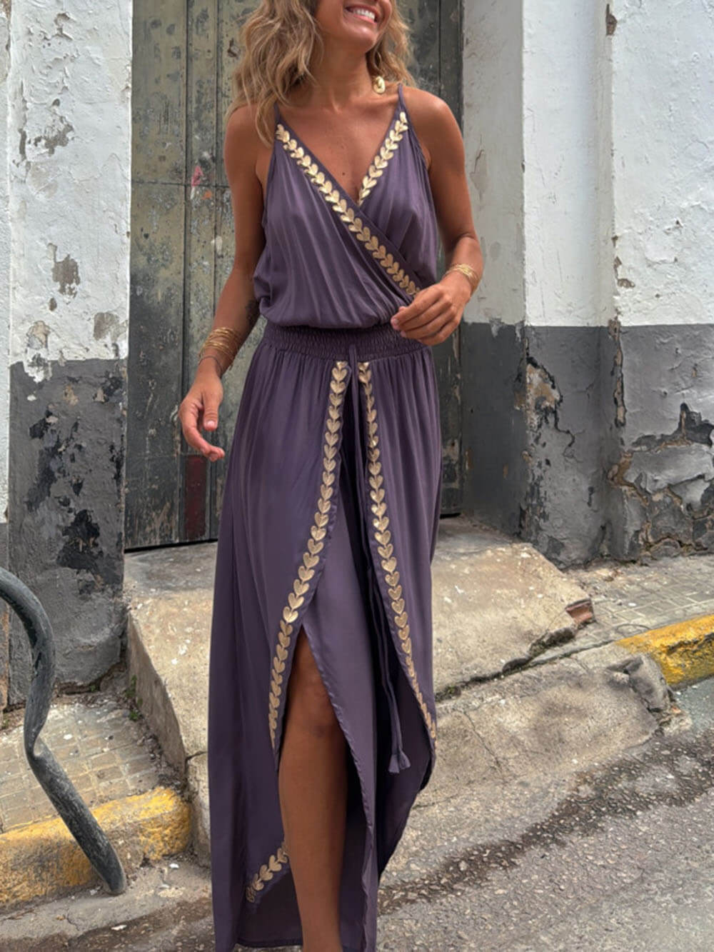 Gold Trim Cross Neck Drawstring Slit Jumpsuit