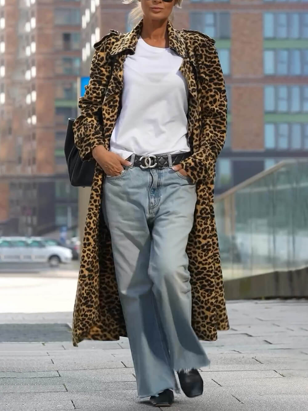 Chic Leopard Print Midi Trench Coat: Loose Fit, Long Sleeve, Sustainable Style