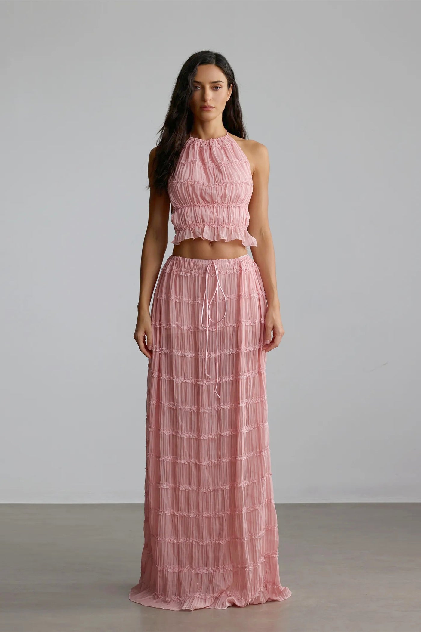 Rosalie Backless Pleated Chiffon Two-Piece Set: Ruched Backless Top & Maxi Skirt