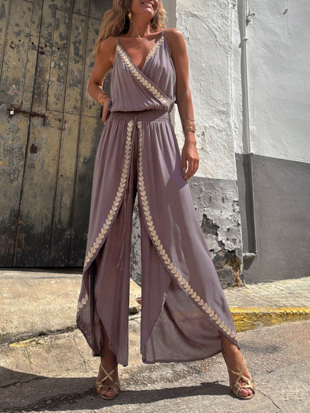 Gold Trim Cross Neck Drawstring Slit Jumpsuit