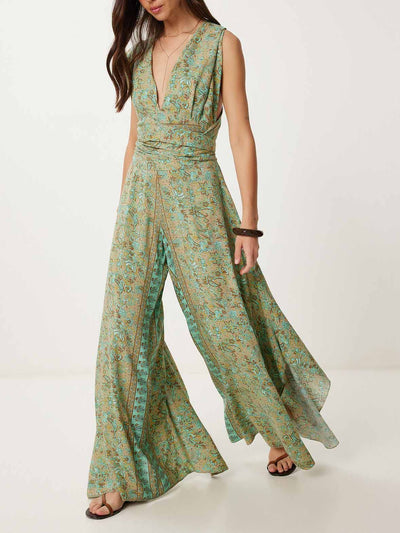 Retro Paisley Ethnic Print Sleeveless Wide Leg Jumpsuit