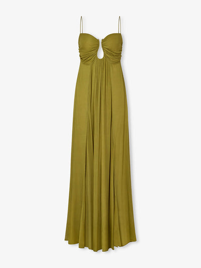 Elegant Back Smocked Maxi Dress with Metal Hollow Design