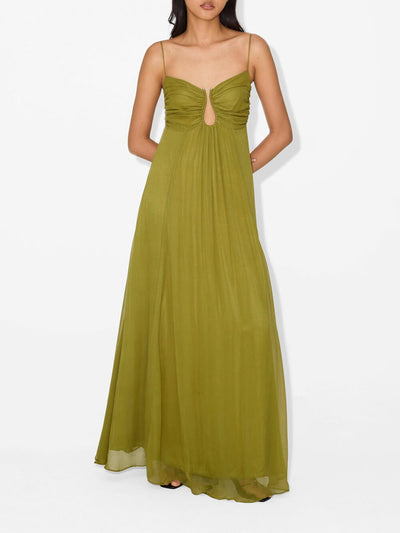 Elegant Back Smocked Maxi Dress with Metal Hollow Design