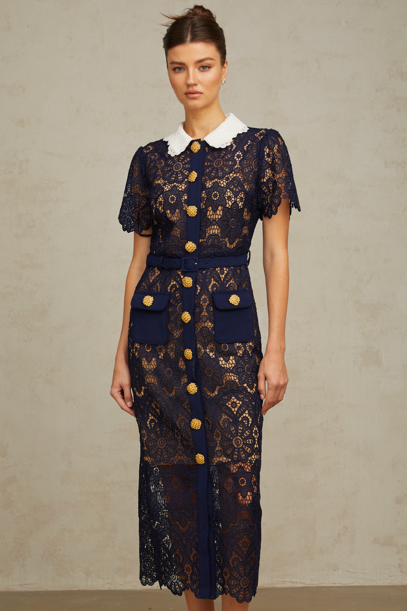 Elegant Dark Blue Floral Crochet Lace Midi Dress