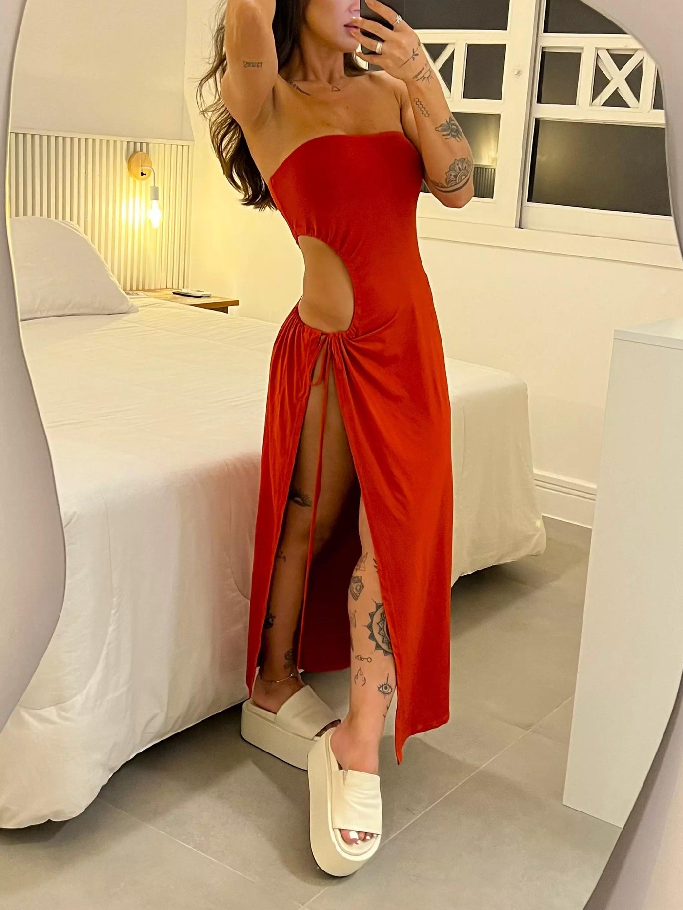 Effortless Bandeau Side Slit Tie Bodysuit Dress: Versatile Style
