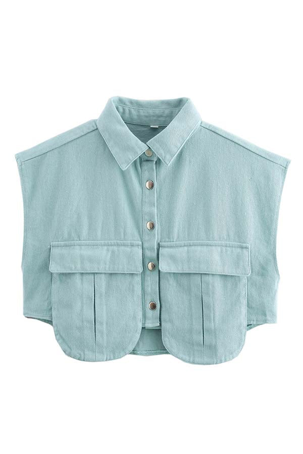 Stylish Weekend Denim Button-Up Cape Sleeve Pocket Crop Top with Frayed Hem