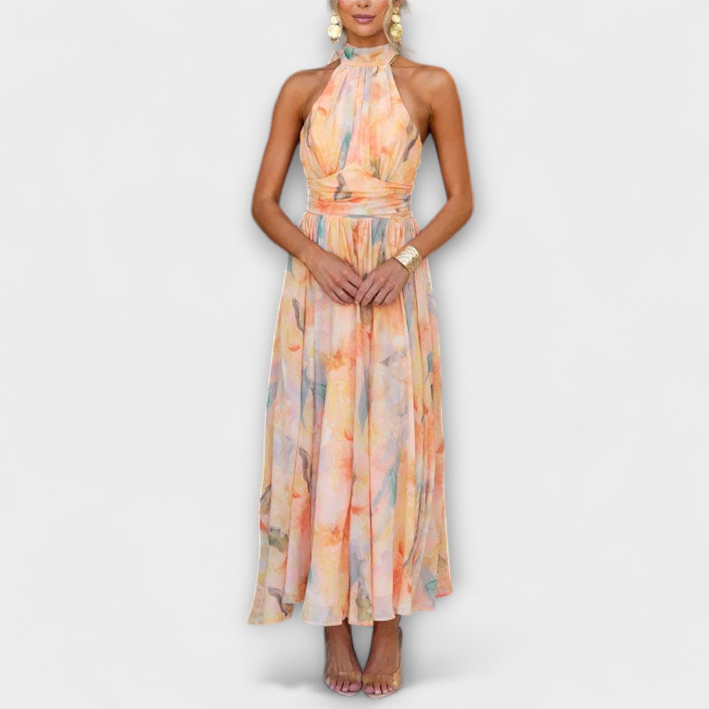 Elegant Halter Neck Aquarell Print Maxi Dress: Flowing, Stylish, Comfortable
