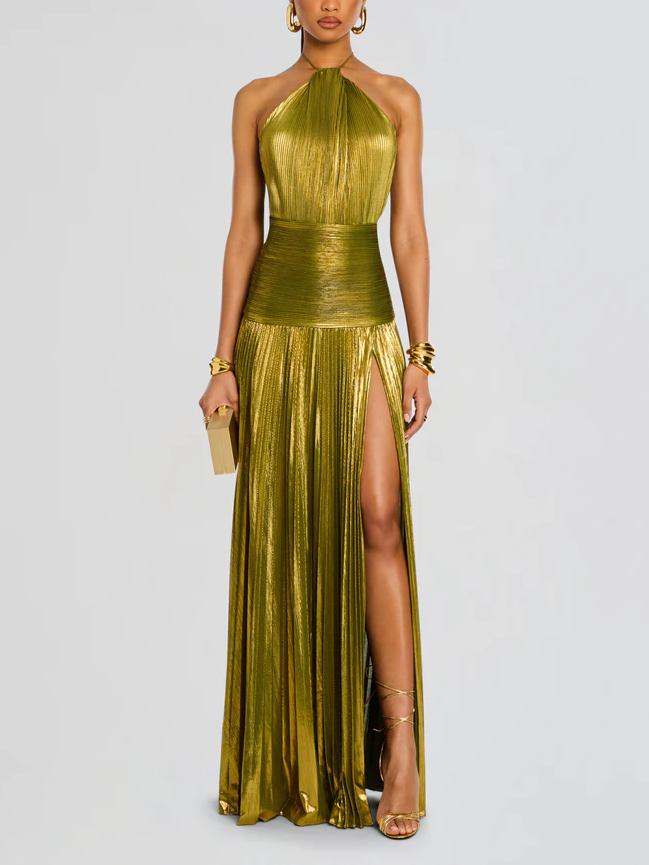 Sparkling Emerald Green Peridot Maxi Dress with Elegant Metallic Sheen