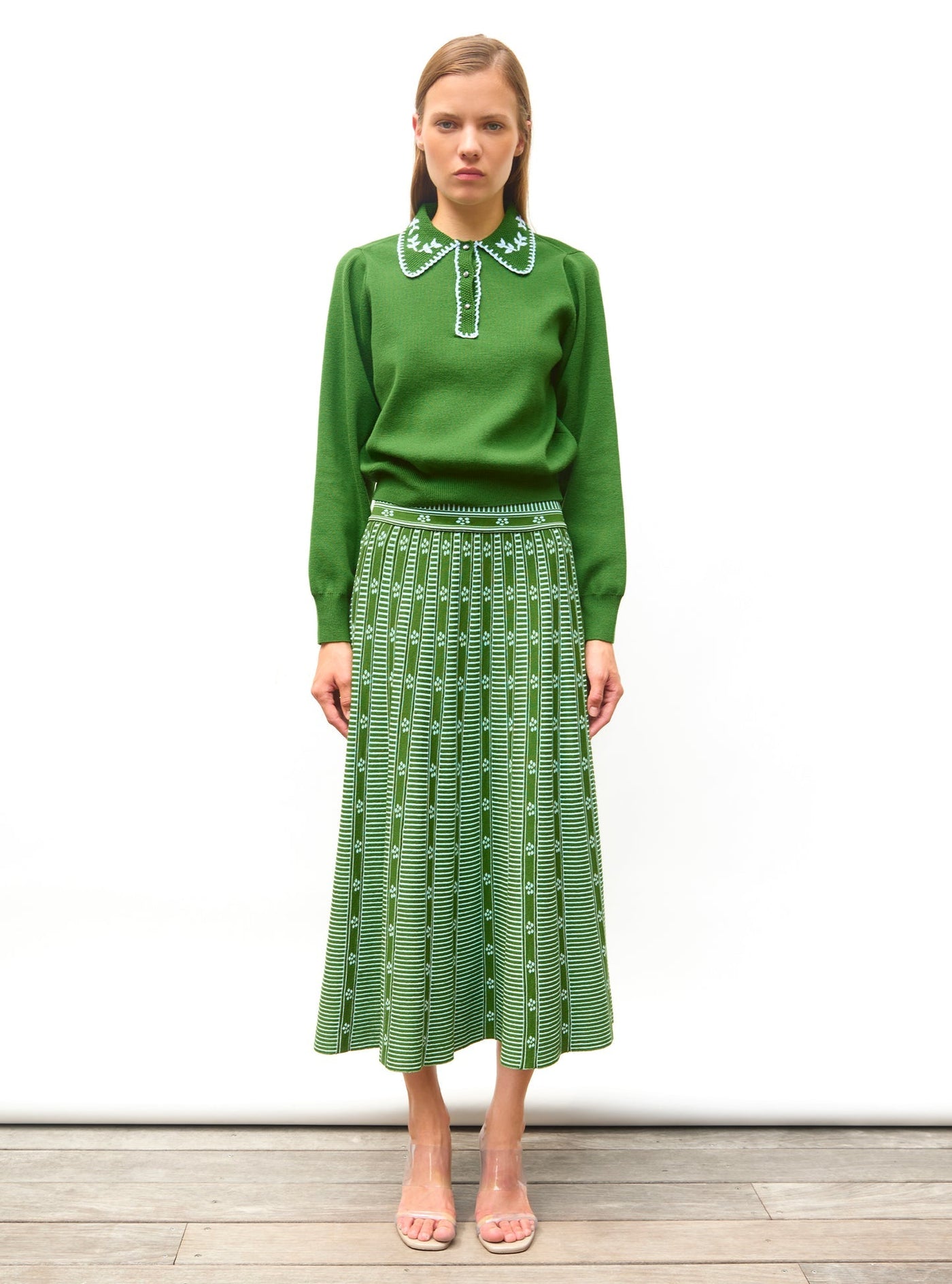 Elegant Green Floral Jacquard Skirt for Women - Stylish A-Line Midi
