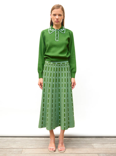 Elegant Green Floral Jacquard Skirt for Women - Stylish A-Line Midi