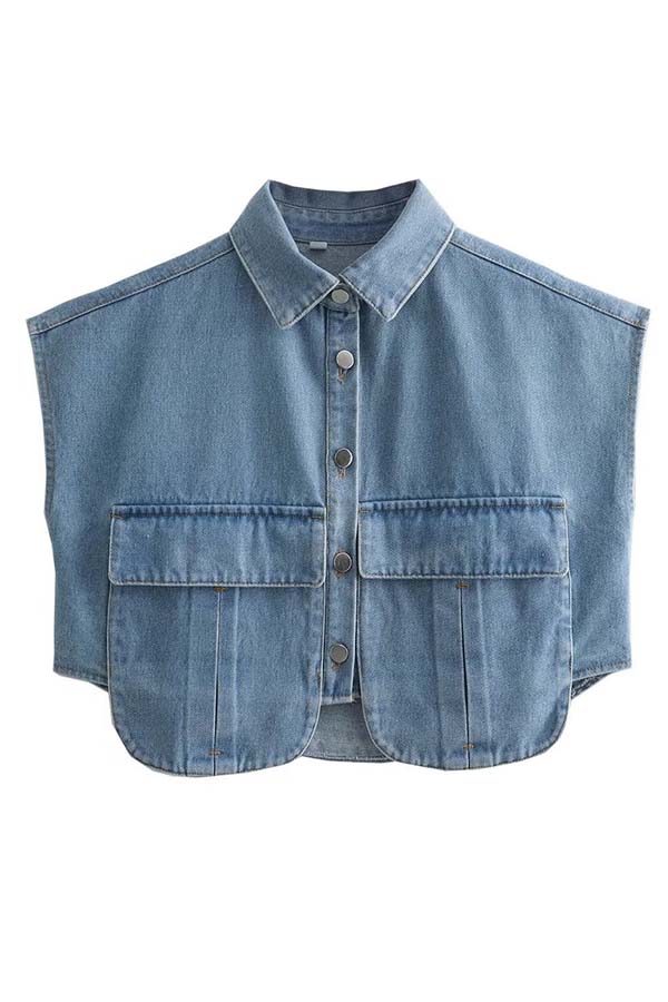 Stylish Weekend Denim Button-Up Cape Sleeve Pocket Crop Top with Frayed Hem