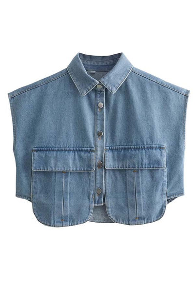 Stylish Weekend Denim Button-Up Cape Sleeve Pocket Crop Top with Frayed Hem