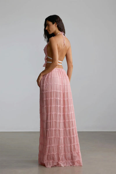 Rosalie Backless Pleated Chiffon Two-Piece Set: Ruched Backless Top & Maxi Skirt
