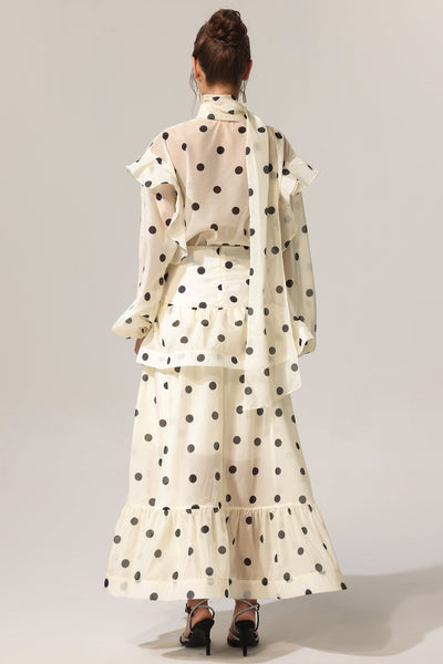 White Rode Dot Long Sleeve Top with Maxi Skirt