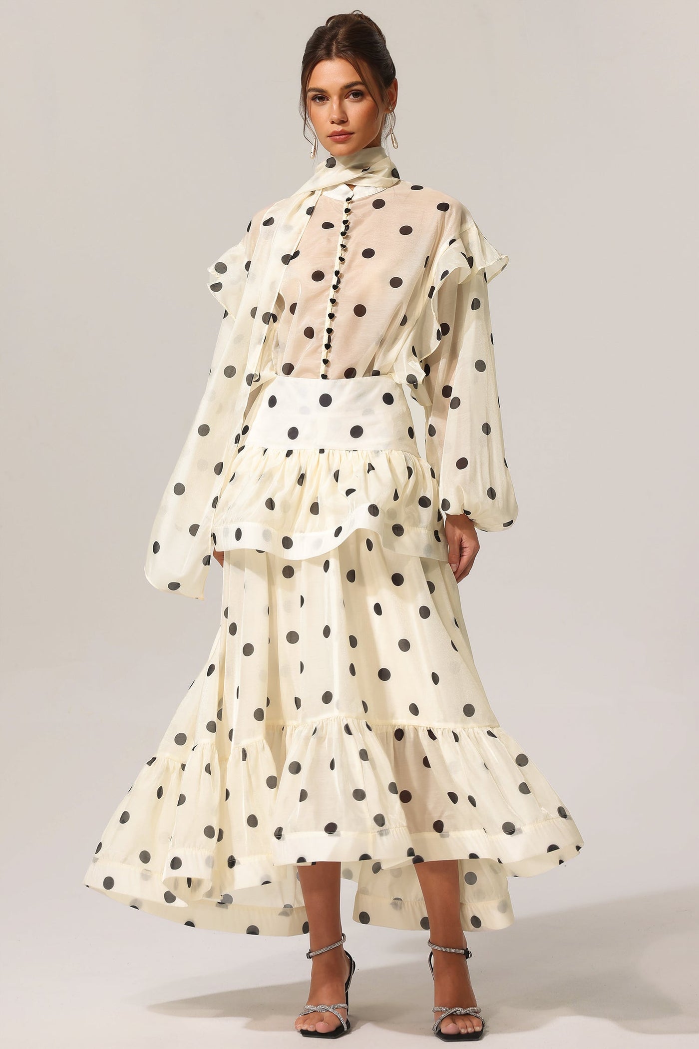 White Rode Dot Long Sleeve Top with Maxi Skirt