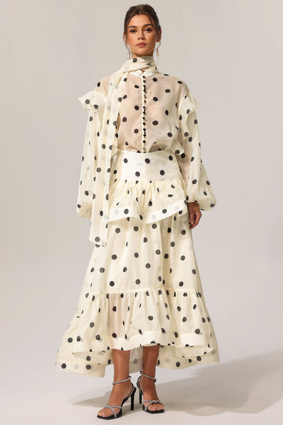 White Rode Dot Long Sleeve Top with Maxi Skirt
