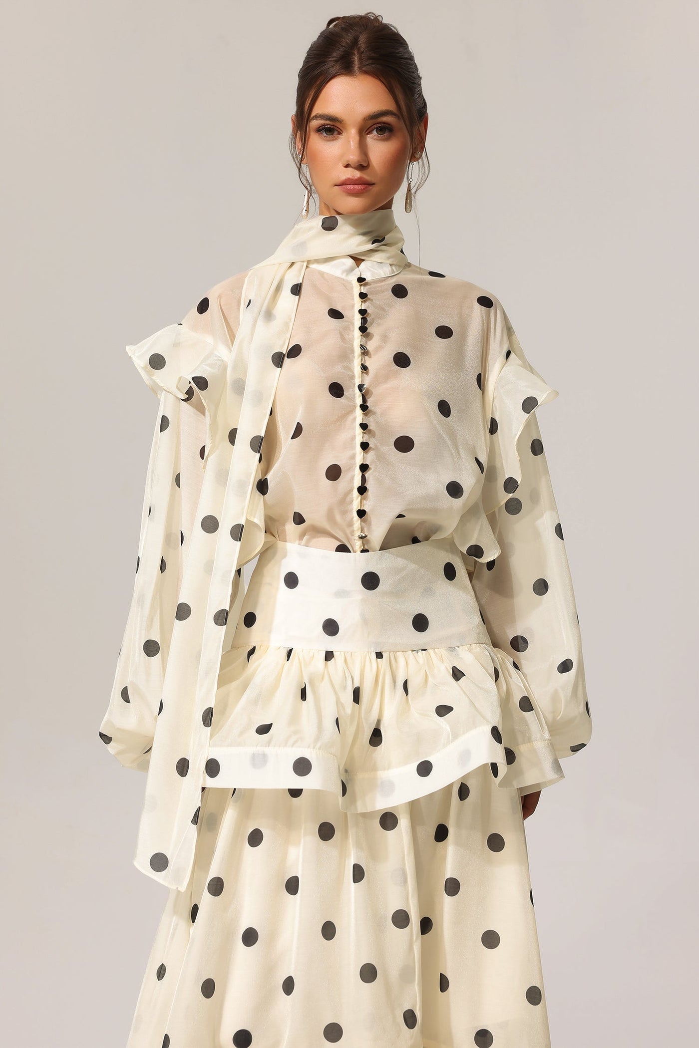 White Rode Dot Long Sleeve Top with Maxi Skirt