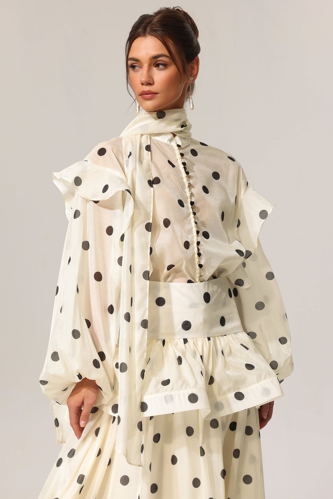 White Rode Dot Long Sleeve Top with Maxi Skirt