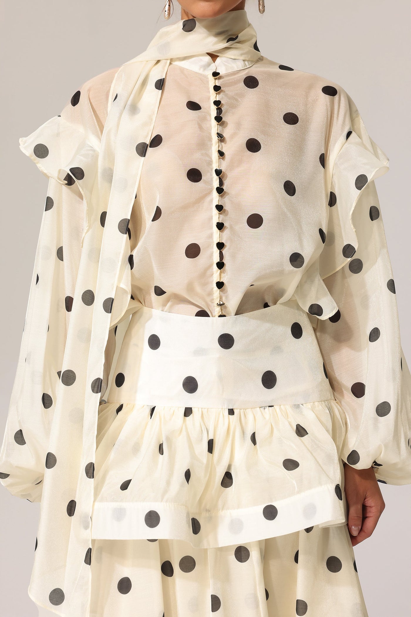 White Rode Dot Long Sleeve Top with Maxi Skirt