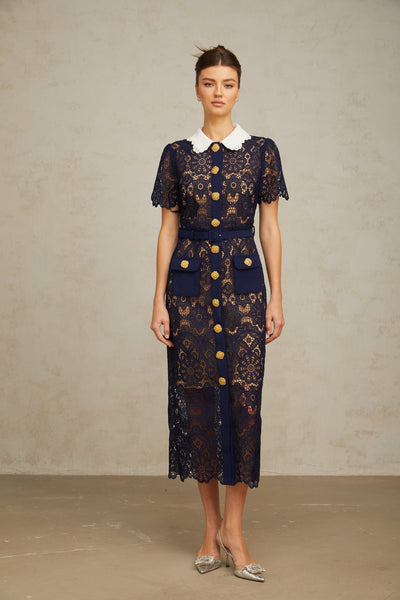 Elegant Dark Blue Floral Crochet Lace Midi Dress
