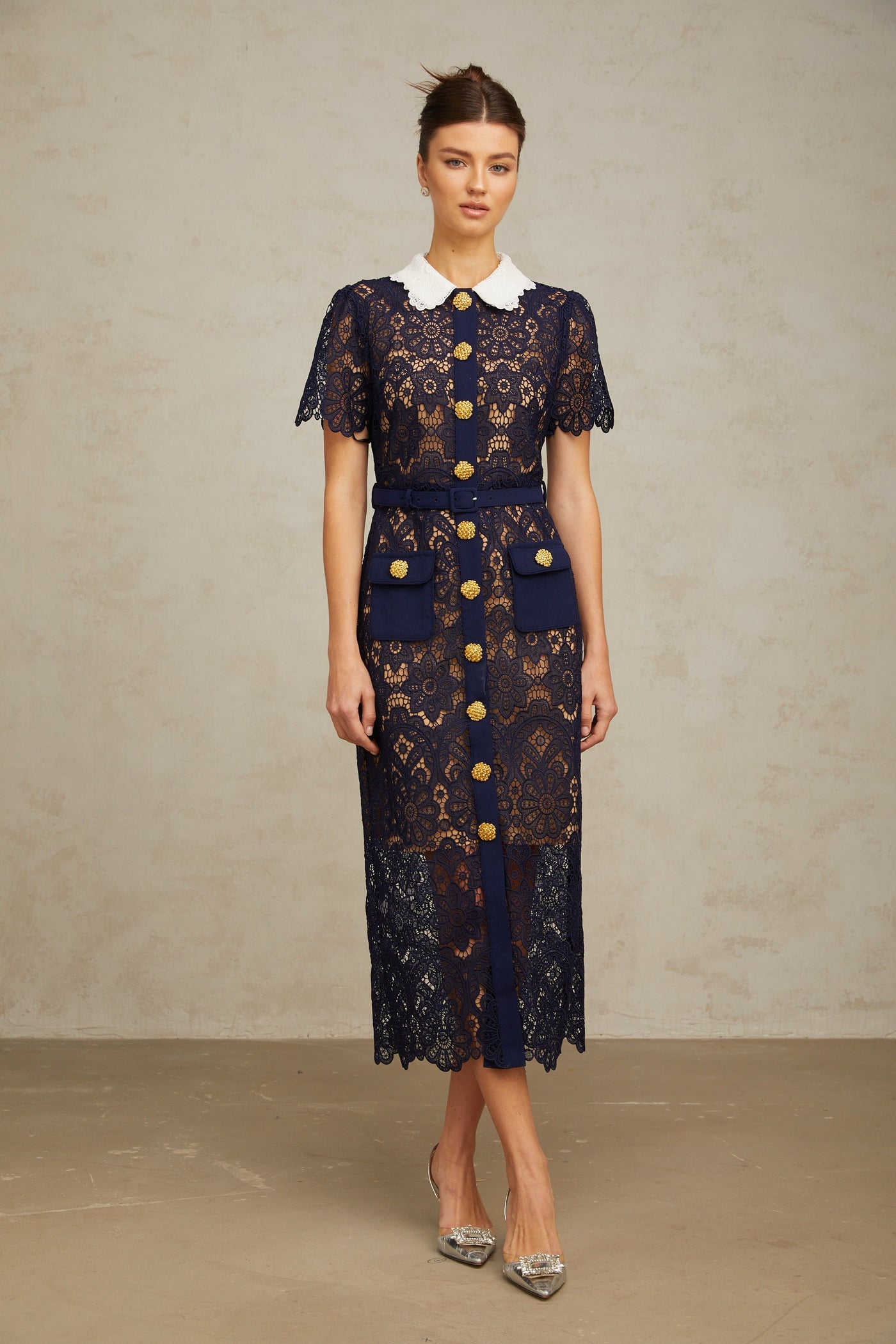 Elegant Dark Blue Floral Crochet Lace Midi Dress