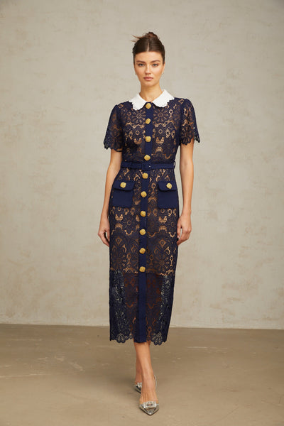 Elegant Dark Blue Floral Crochet Lace Midi Dress