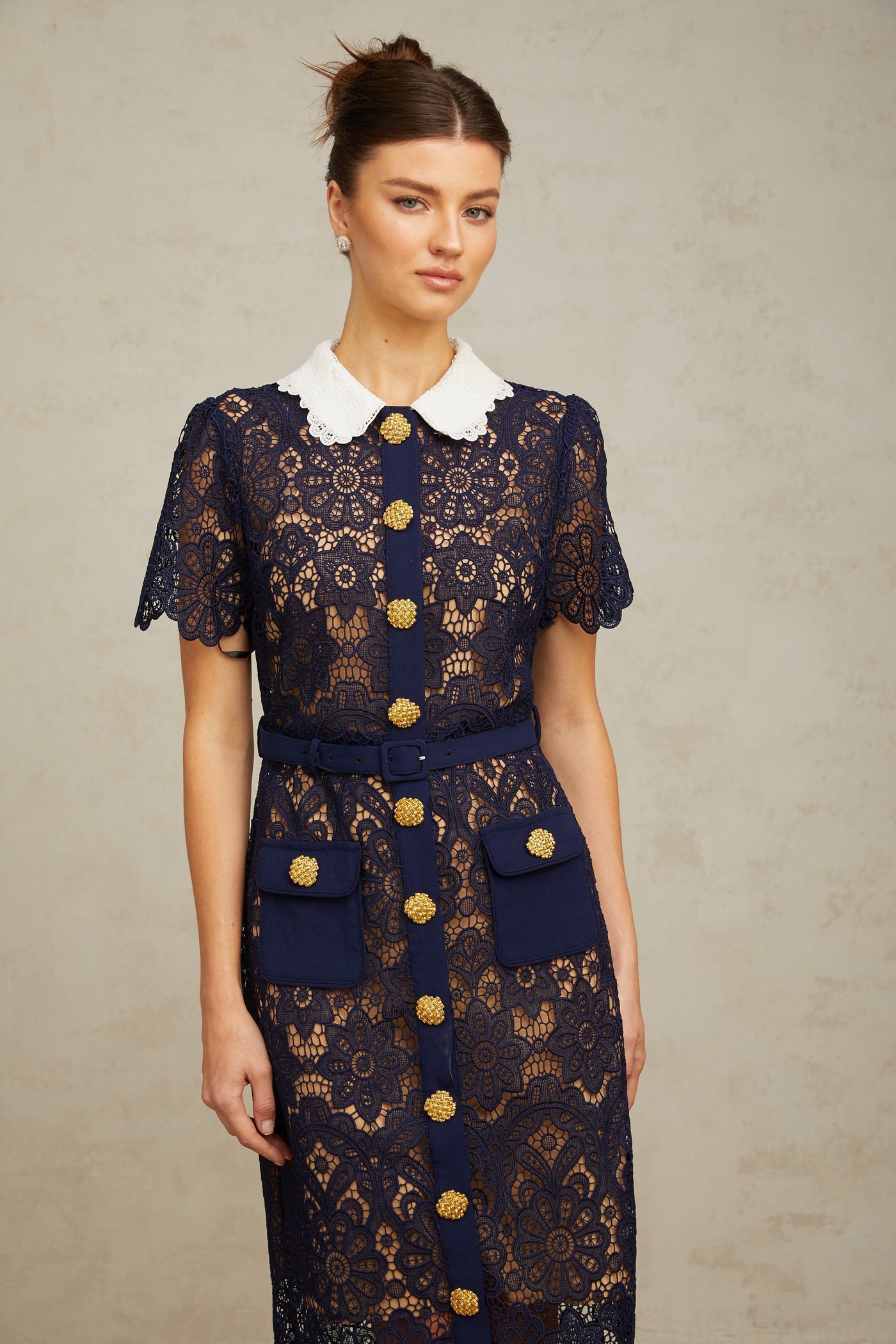 Elegant Dark Blue Floral Crochet Lace Midi Dress