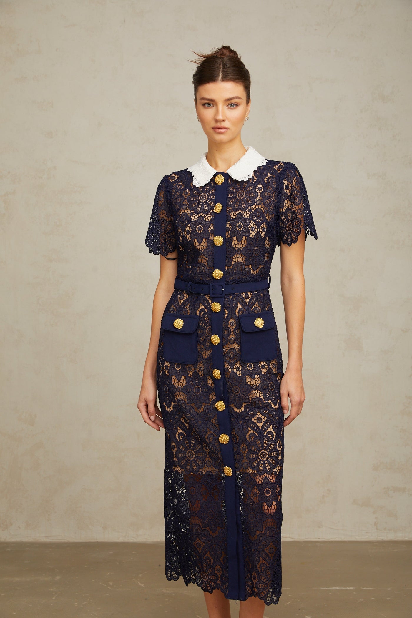 Elegant Dark Blue Floral Crochet Lace Midi Dress