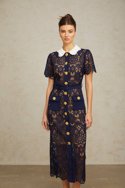 Elegant Dark Blue Floral Crochet Lace Midi Dress