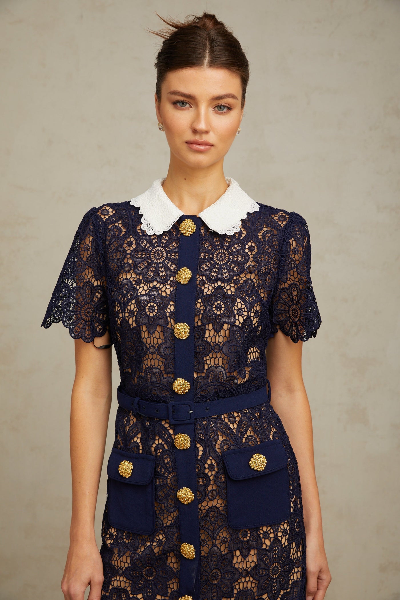 Elegant Dark Blue Floral Crochet Lace Midi Dress