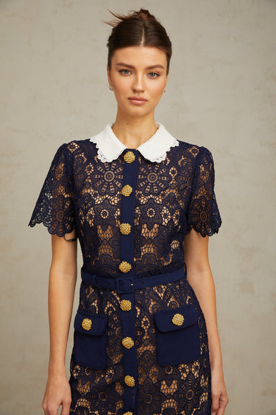 Elegant Dark Blue Floral Crochet Lace Midi Dress