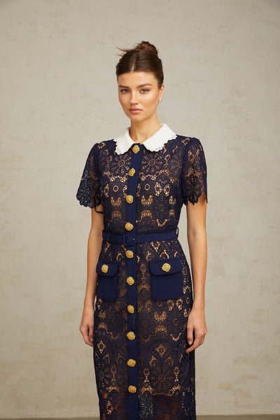 Elegant Dark Blue Floral Crochet Lace Midi Dress