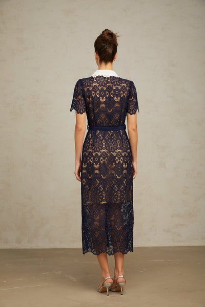Elegant Dark Blue Floral Crochet Lace Midi Dress