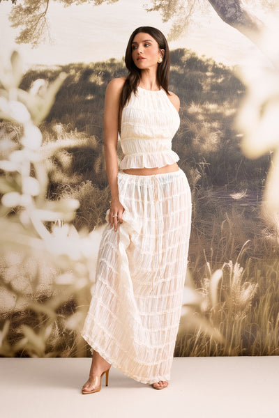 Rosalie Backless Pleated Chiffon Two-Piece Set: Ruched Backless Top & Maxi Skirt