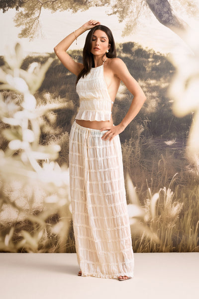 Rosalie Backless Pleated Chiffon Two-Piece Set: Ruched Backless Top & Maxi Skirt