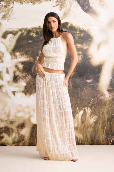 Rosalie Backless Pleated Chiffon Two-Piece Set: Ruched Backless Top & Maxi Skirt