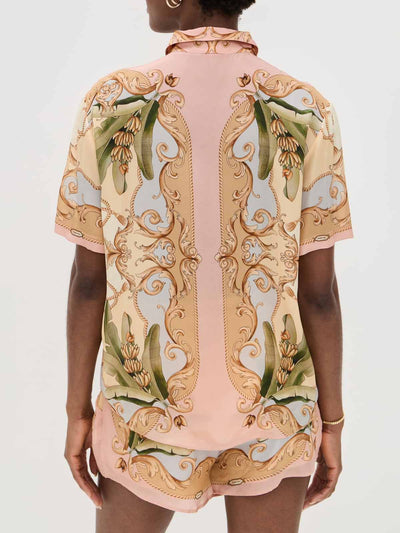 Retro Botanical Kaleidoscope Print Two-Piece Set: Elegant Collared Button-Down Top & Flowing High-Waisted Skirt