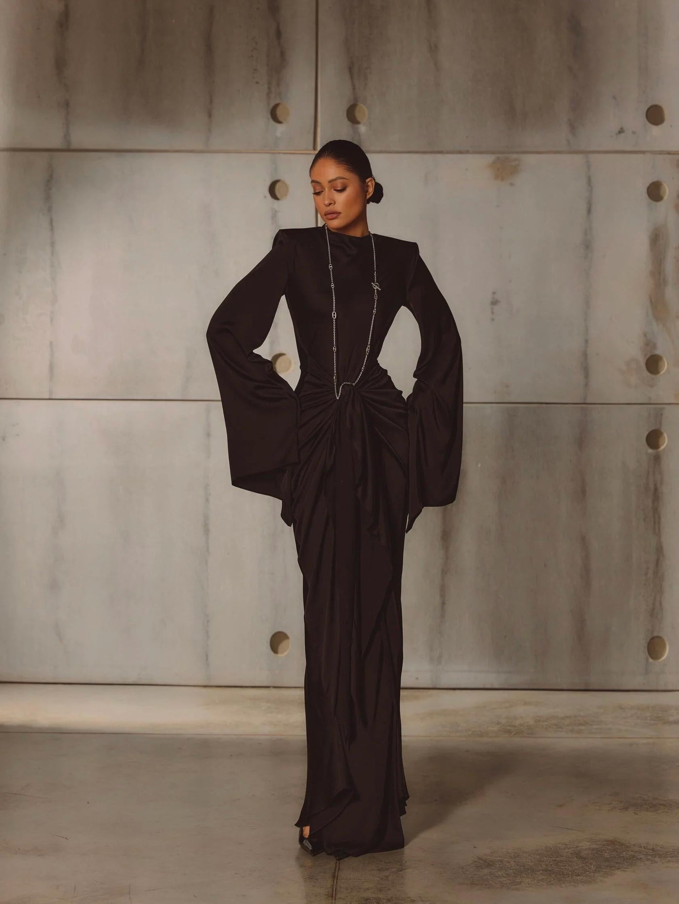 Elegant Gothic High Neck Maxi Dress with Dramatic Sleeves